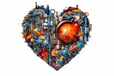 Watercolor, Design a heart shape using intertwined farm animals or farm tools clipart, hd, on a white background, spaced out