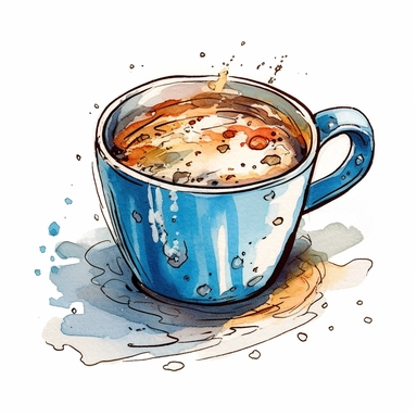 a Coffee cup with a nice froth design in the style of watercolour clipart with detailed brush strokes
