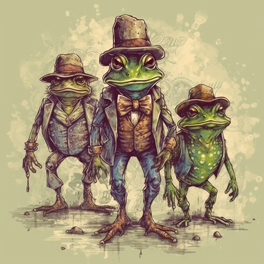 a unique and creative high resolution watercolor clipart of a gang of toads posing with humanoid body