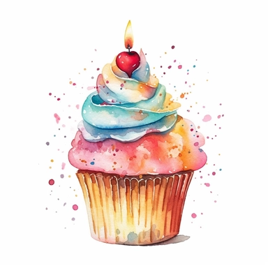 watercolored clipart Birthday cupcake with candle on top