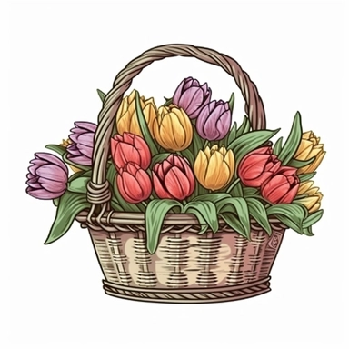 vintage basket of tulips sublimation clipart, vector, illustration, 2d, flat colors, isolated background