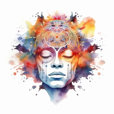 watercolor clipart of head of man, closed eyes, 3rd eye awakening, intricate sacred geometrical patterns, sparkles, vibrant chakra colors, on white background