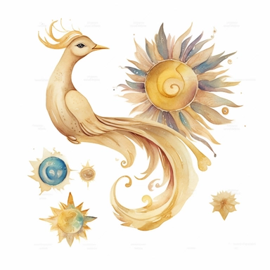 a single clipart of a beautiful ornate paradise bird, watercolours and shiny gold glitter watercolor clipart png on white background with free margins