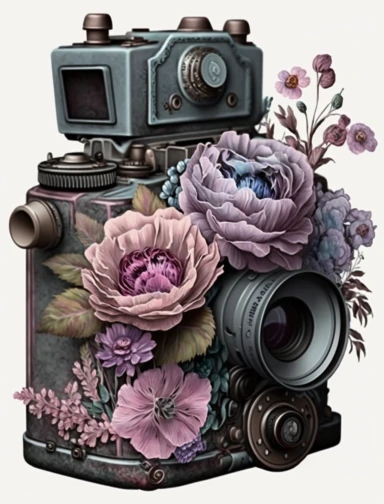 a watercolor old camera 1 photo lens only, colector's item, surrounded by an intricate arrangement of dramatic extravagant ultra realistic digital 3D giant grey and light purple peonies, in the style of large-scale photography, lush detailing, used style, photorealistic, playfully intricate, made of flowers, bloomcore, 8K, clipart, clear background