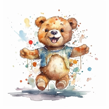Cute Teddy playing dancing happy in kids birthday Party, Clipart high detailed watercolor Teddy bear smiling face big, open mouth smiling, jumping, cute clipart with white background