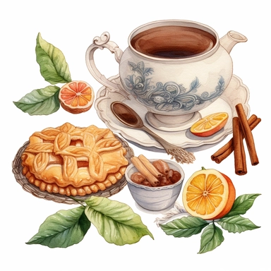 Watercolor illustration of a pie, tea and leaves, in the style of white and amber, knitted and crocheted, handcrafted objects, spiral group, cabincore, smooth and shiny, konica big mini , style by Lucy Fleming, watercolor, smooth gradients, black contour outline, ultra detailed, clipart elements, delicate pastel colors, solid white background, super clear, high quality