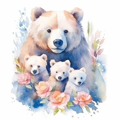 clip art watercolor,dady and kids bear, flower and leaf background, colorful watercolor, white background, adult watercolor design, full HD design, smooth design, 8k