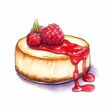 watercolor, hand drawn cheesecake in a bakery case clipart, hd, white background, spaced out--ar 3:2