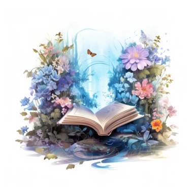 fantasy scene coming out of an open book, secret garden, florals, magical, watercolors, Clipart, pastel blue color theme