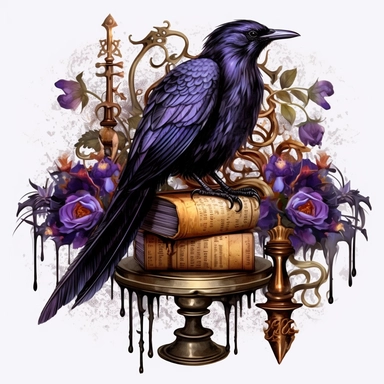 Watercolour dark fantasy black royal gothic deadly nightshade raven stood on dark magic books with deadly nightshade lantern magnificent gothic raven mesmerising compelling features perfect magnificent detailed wings beautiful compelling realistic eyes ultra highly detailed, 18k, sharp focus, bright photo with rich colours digitally enhanced, enhanced graphics, straight, sharp focus, bright lighting, intricate detailed png image ,high definition,300dpi,graphic clipart,computer graphics