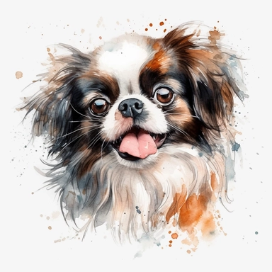 cute Japanese Chin dog portrait, full face, centered shot, side shot, dynamically posed, in action, playful mood, happy mood, playing mood, cute face, adorable smile, childlike eyes, clean watercolor illustration, white background, nursery baby imagery, painting, detailed, 8k, PNG, clipart,