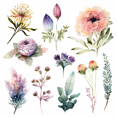 a group of watercolor flowers for diy clipart elements in the spring season, in the style of dreamy vignettes, post-punk diy, white background, no background