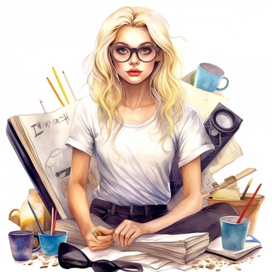 blonde fashion planner girl with glasses cleaning classroom, illustration, clip art, white background, sticker, watercolor, realistic