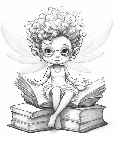 bi-racial Bookworm fairy, with wings, and curly hair, sitting on a giant open book, Kawaii for a childrens book, cartoon style, thick lines, black and white, no shading, line drawing illustration, no kid faces, no duplicate faces, blurry, drawing, cartoon, illustration, painting, concept art, cgi, unreal, anime, black&white, b&w, picture frame, deformed, bad anatomy, disfigured, poorly drawn face, mutation, mutated, extra limb, poorly drawn hands, done by bad-artist, ugly, dazed, 3D render, 3D g