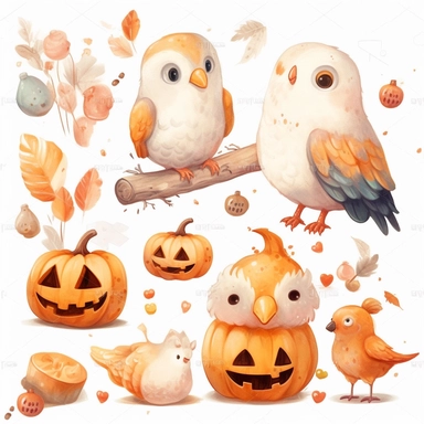 Whimsical oil paint cute clip art trick or treating clipart halloween with bird, single items, cute items, oil paint, no background. Clear simple shapes, cute, high quality, Procreate art, HD, 8k, detailed, wax crayons style illustration, digital illustration, white background