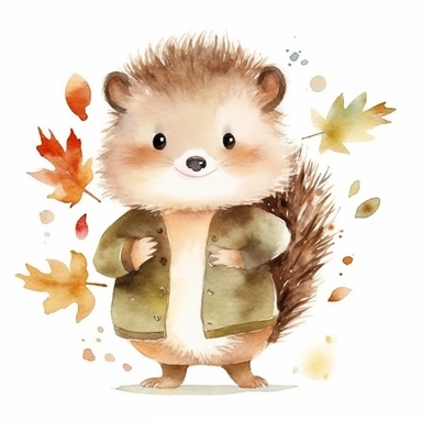 Cute baby hedgehog clipart ,happy expression, standing in dynamic pose, autumn outfit,front view, in the style of watercolor cartoon clipart, kate greenaway style, high resolution, composition free space, pastel color scheme, soft and tender, watercolour clipart, watercolor illlustration for kids and children,isolated white background, clipart most popular on etsy, book illustration, featured on dribble,print on demand image, PNG tranparent background,composition medium shot, no text
