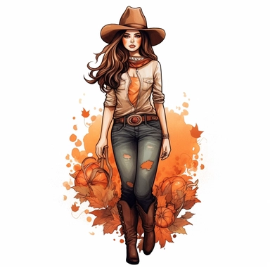 Just A Girl Who Loves Pumpkin Spice Cowgirl Png Sublimation Design , style by Lucy Fleming, watercolor, smooth gradients, black contour outline, ultra detailed, clipart elements, delicate pastel colors, solid white background, super clear, high quality