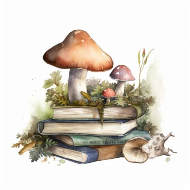 beautiful watercolor image of mushroom home clipart, forest, books, moss, insane details, against a white background