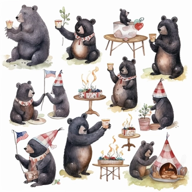 multiple poses characters of Black Bear enjoy with party in the garden, watercolor in medieval cartoon grunge style clipart on white background