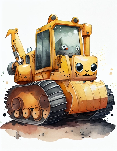 detailed watercolor kawaii bulldozer, isolated on a white background, clipart