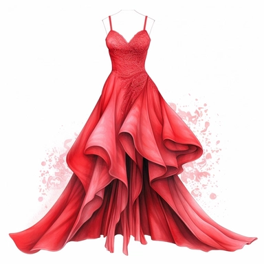 red elegant party dress drawing, illustration clipart, high detailed, white background, digital art