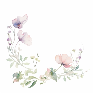 Watercolour sketch, floral border, simple, clipart, white background, pale delicate tones, naturecore, bloomcore
