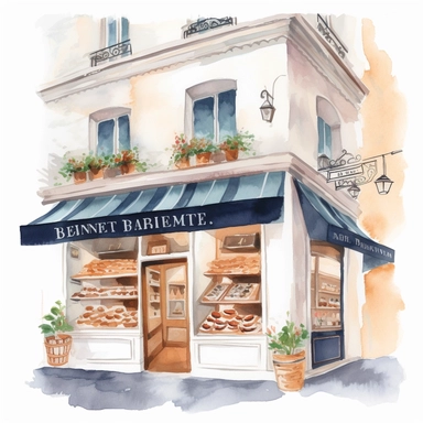 bakery store, French inspired, glamorous, Gouache, white background with margins, Clipart style