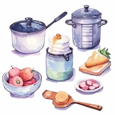 Cooking items art watercolor clipart, minimalist, soft pastel colors 8k, isolated transparent background, 4 times spaced out