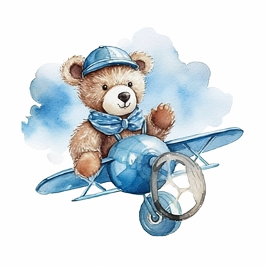 Watercolor Teddy Bear waring blue shirt, flying a toy aeroplane clipart on a white background