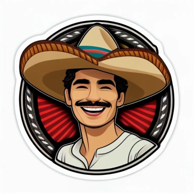 Pretty smiling Mexican young man wearing a sombrero, guitar background, realistic cartoon-style clipart sticker