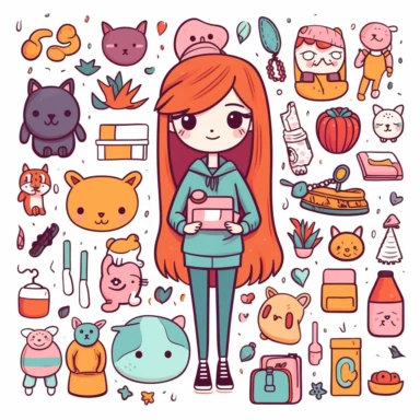 Create a collection of cartoon-style vector illustrations featuring various trending items on Etsy specifically for girls, all set against a clean white background. These illustrations should capture the charm, style, and popular trends that are sought after by girls on the Etsy platform in a playful and whimsical manner. Include a range of trendy items and themes that resonate with girls, such as cute accessories, fashion apparel, stationery, room decor, jewelry, and personalized gifts. Each il