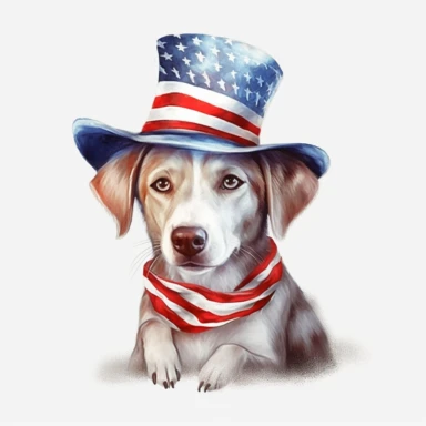animated dog with hat, 4th July, American holiday, clipart, white background
