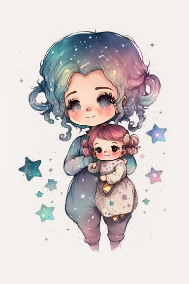 Illustration of chibi mother and baby with pastel galaxy stars, clipart image, watercolor, digital art, sharp edges, no shadow on background, white background