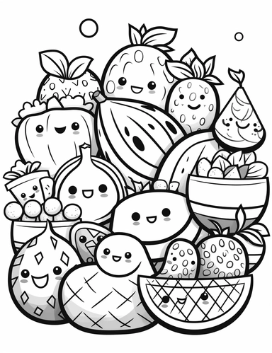 Fruit Fiesta: A collection of kawaii fruits, including a smiling watermelon, a happy For Simple Coloring page,line art, thick lines, black and white,clipart, illustration, on white background