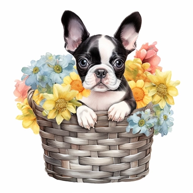 Boston Terrier puppy, sitting in a basket with hyper-realistic flowers, watercolor illustration, clipart, full body, hyper-realistic animal illustration, childlike, free brushwork, white background, cute