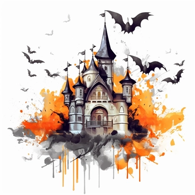 Clipart, oil paint, halloween haunted palace with bats and pumpkins, smooth color, 8k white background,---q3