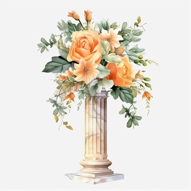 watercolour beautiful realistic peach floral wedding flower spray on roman pillar tall stand realistic elegant wedding floral display stand with white glitter wedding flowers ,clip art graphics , PNG image,transparent background ,ultra highly detailed, 18k, sharp focus, bright photo with vibrant colours, digitally enhanced,photographic, enhanced graphics, png format, straight, sharp focus, bright lighting, intricate detailed png image ,high definition,300dpi,graphic clipart,computer graphics