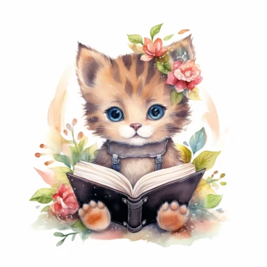 Cute little kitten reading a book, folk art, watercolor, pastel, clipart elements, kawaii, white background