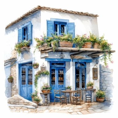 Rustic Greek taverna with a blue and white awning, nestled in a traditional stone building with ceramic pots of colorful flowers outside. Watercolor Cafe Storefront Clipart, hyper-realistic, intricate detail, white background