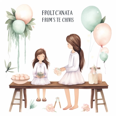 First communion illustrations clip art set, watercolor, white background, simple, soft colors, cartoon elements girl, boy, holy cross, white doves, tulips, peonies, eucalyptus branches, wooden rosary beads, powder pink flowers, girl on the day of her first communion with white balloons on a wooden bench