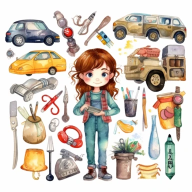 cute kawaii car girl mechanic, repairman tools, watercolor white background clipart set single elements with margin