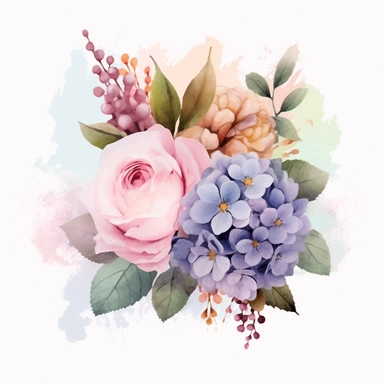 watercolor floral clipart free, filled with hydrangea, carnations and roses, in the style of realistic usage of light and color, in the style of soft pastel watercolors, harmonious composition, soft pastel colors, mauve, pink, and baby blues, soft focus romanticism, decorative paintings, large canvas sizes, colorful patchwork, eye-catching composition, dense composition, high resolution