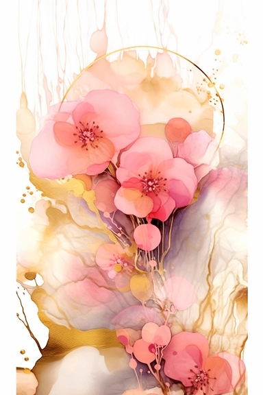beautiful gorgeous alcohol ink of gold serene nature scene with a central focus on a pink tiger, gentle wave , minimalist style, crystals, glam, glossy, glitter texture, liquid ink clipart, modern and stylish design, bright colors, 300 dpi, clear decoration, clear white background, highly detailed digital art, 8k