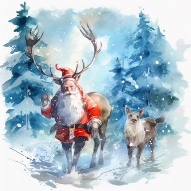 Clipart on blue backgraund red Santa Claus with a Christmas deer in a snowy green forest water color
