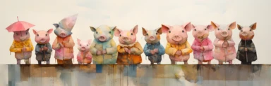 a row of cute miniature piglets, a collage of mixed media art made with tissue paper, magazine and newspaper clippings, oil paint, graphite pencil lines and fabric, in the style of playful surrealism, whimsical, washi tape