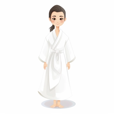 A clipart image of a girl in a white spa robe is isolated on a white background. She is depicted in a relaxed and serene pose, evoking the peaceful atmosphere of a spa. The white spa robe suggests purity and cleanliness, highlighting the hygienic and rejuvenating benefits of spa treatments. The clipart can be used in various contexts, such as on a website, brochure or flyer, to promote a spa or wellness center