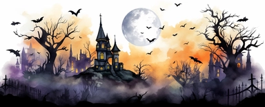 isolated illustration of a fantasy autumn halloween landscape scene, watercolor illustration, high resolution clipart, isolated on black background