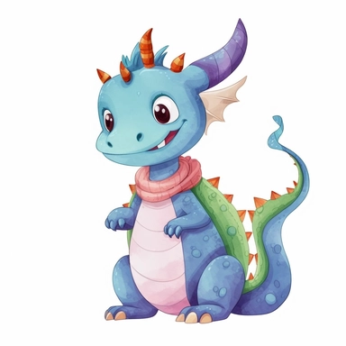 watercolor dragon christmas character clipart on white background, flat design, watercolor bright high resolution