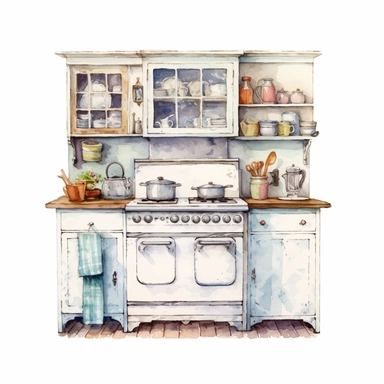 watercolor clipart, small vintage country kitchen unit in decent light colors, white background, view from front, high quality, highly detailed, sharpness