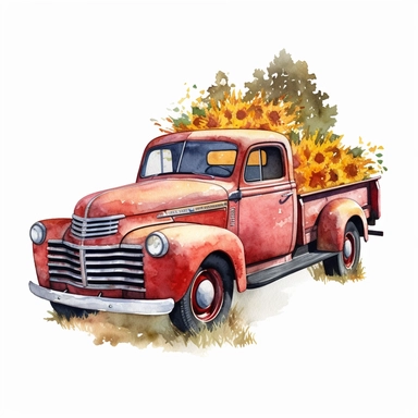 a watercolor of a vintage pickup truck with sunflowers, cherry academy style, cherry red nuances, vector free clipart illustration, in the style of unreal engine 5, 32k uhd, detailed features, white background